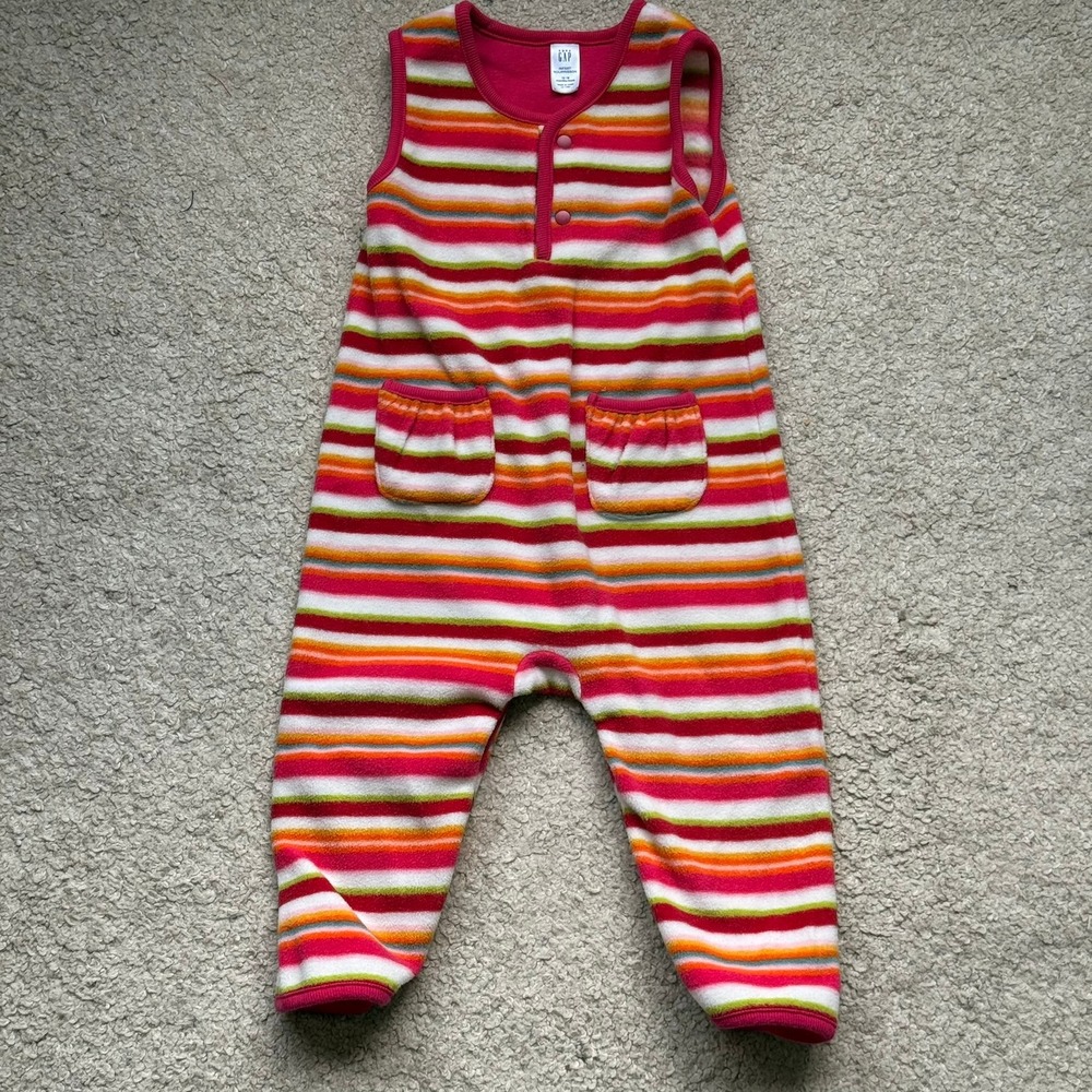 Vintage 2003 Baby Gap Infant Fleece Striped Sleeveless Romper Pink Orange 12-18M